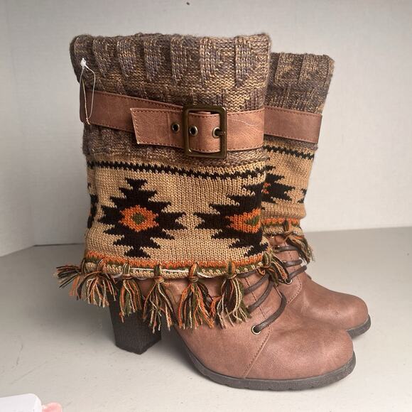 Muk Luks Knit Sweater Boots Aztec Western Fringe Pull On Heeled Women's Size 8 - Picture 5 of 14